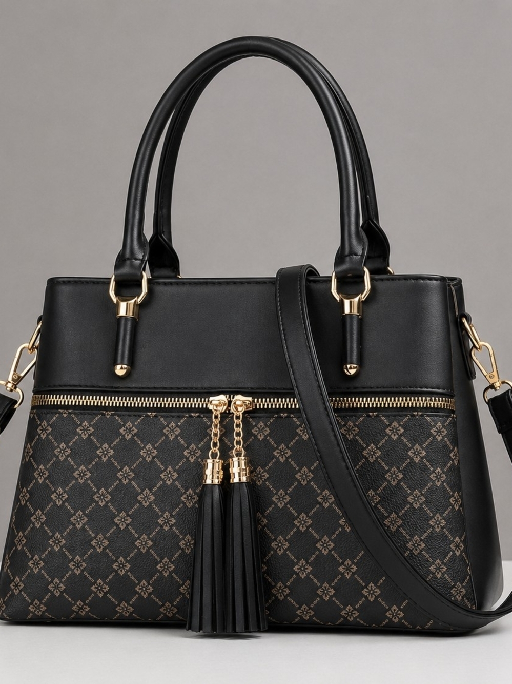 Women’s Black Satchel Handbag Crossbody Purse Gold Hardware Tassel 3 Compartment - Picture 5 of 6